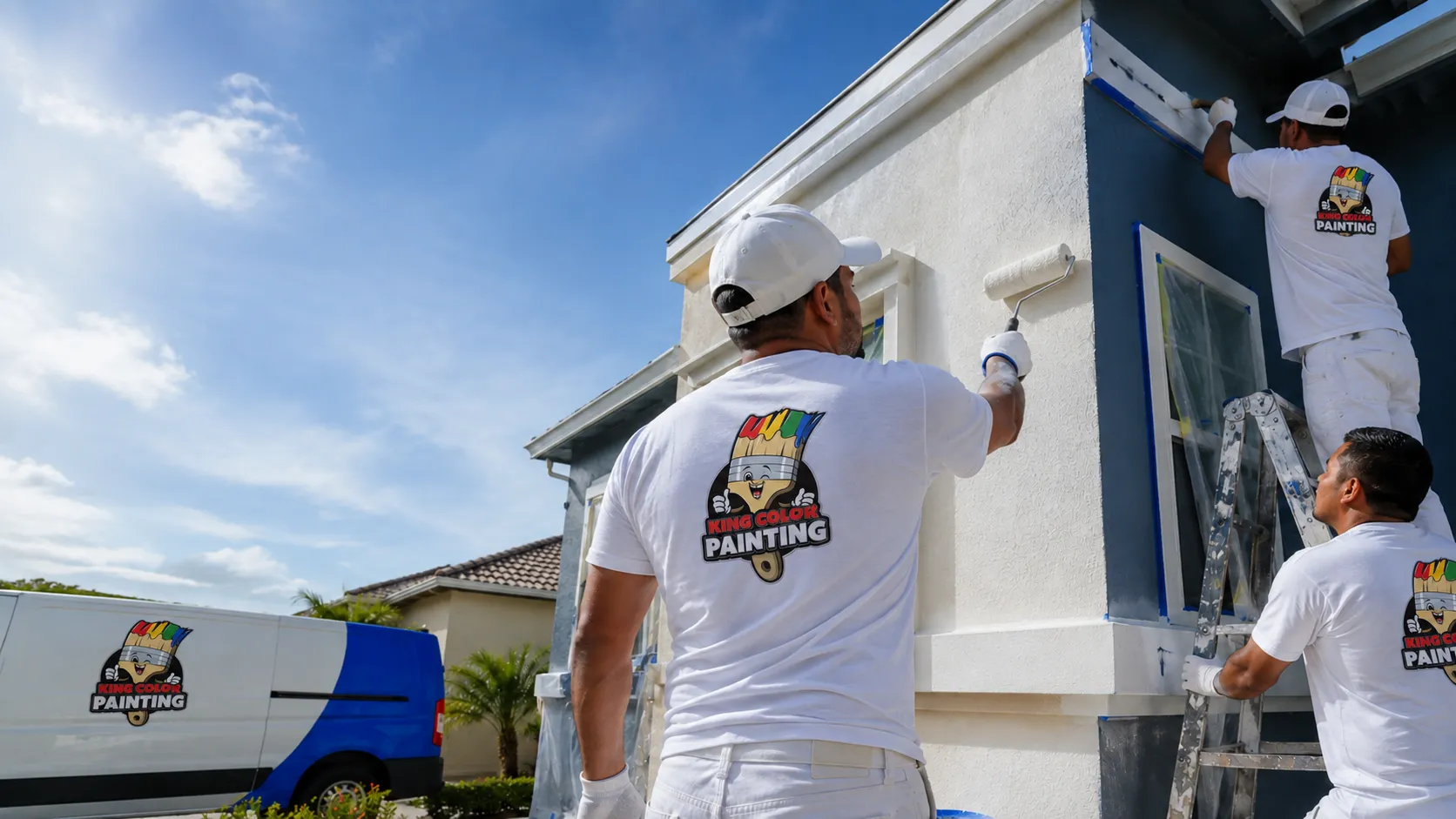 King Color Painting crew in branded white shirts painting the exterior of a two-story home with a company van in the driveway