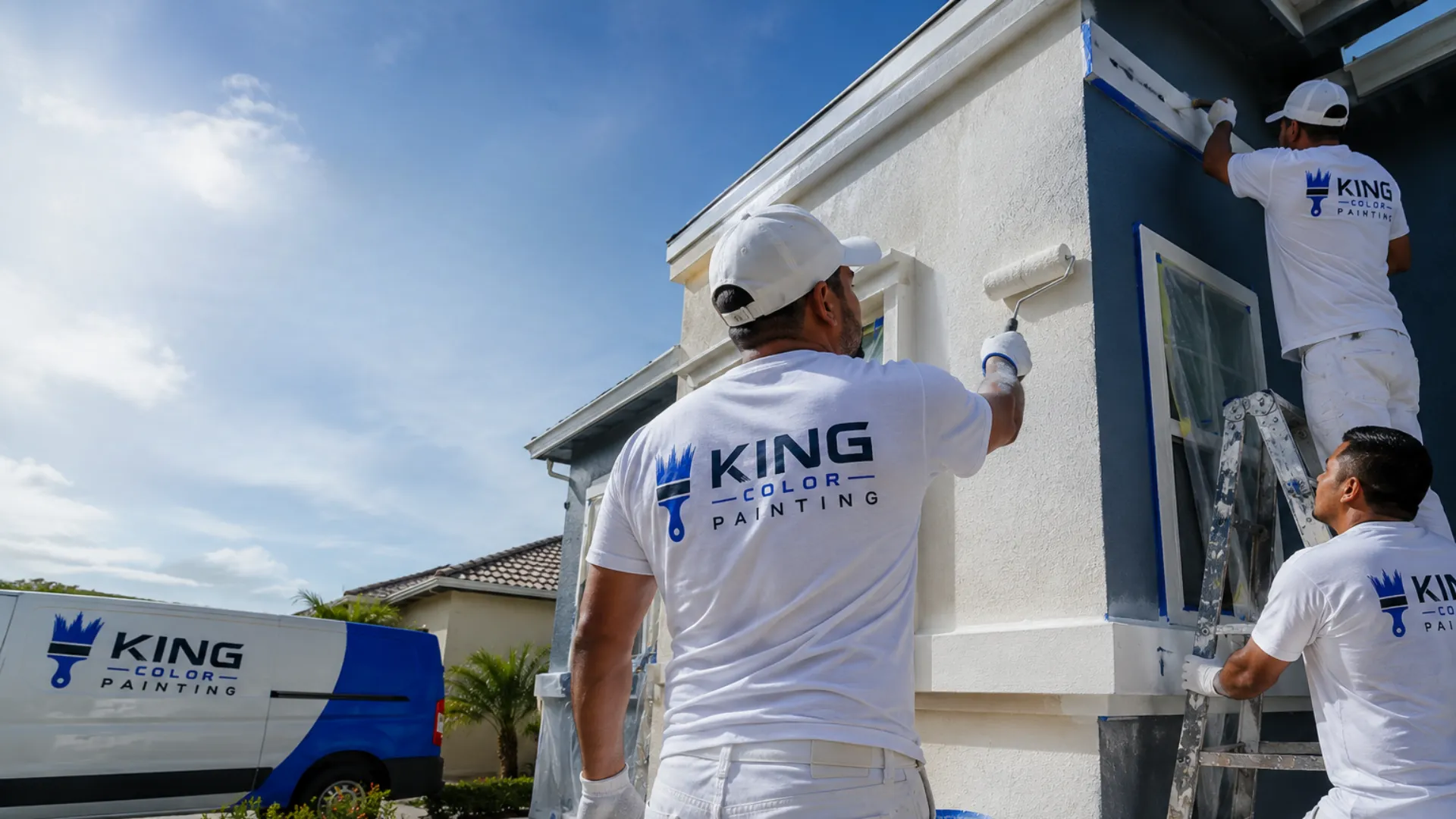 King Color Painting crew in branded white shirts painting the exterior of a two-story home with a company van in the driveway