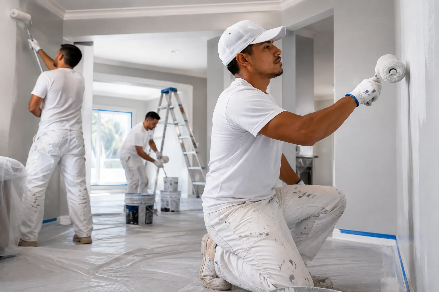 Two King Color Painting crew members rolling primer onto interior walls during a whole-home repaint
