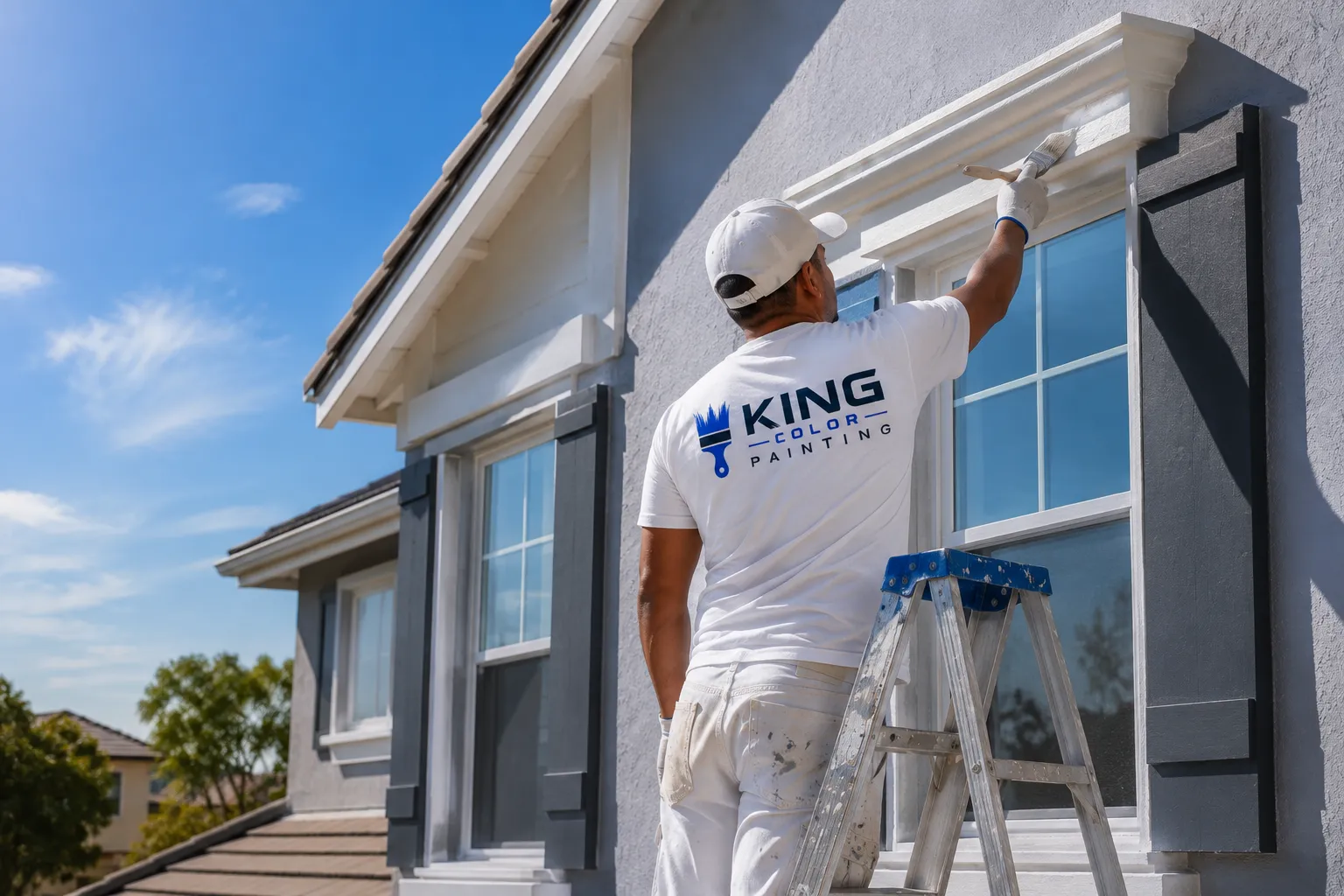 King Color Painting technician on a ladder cutting in crisp white trim on the exterior windows of a suburban home