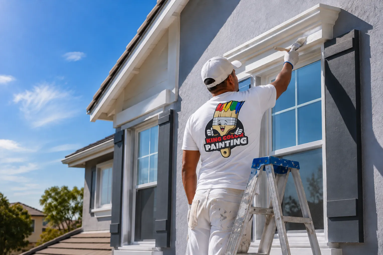 King Color Painting technician on a ladder cutting in crisp white trim on the exterior windows of a suburban home