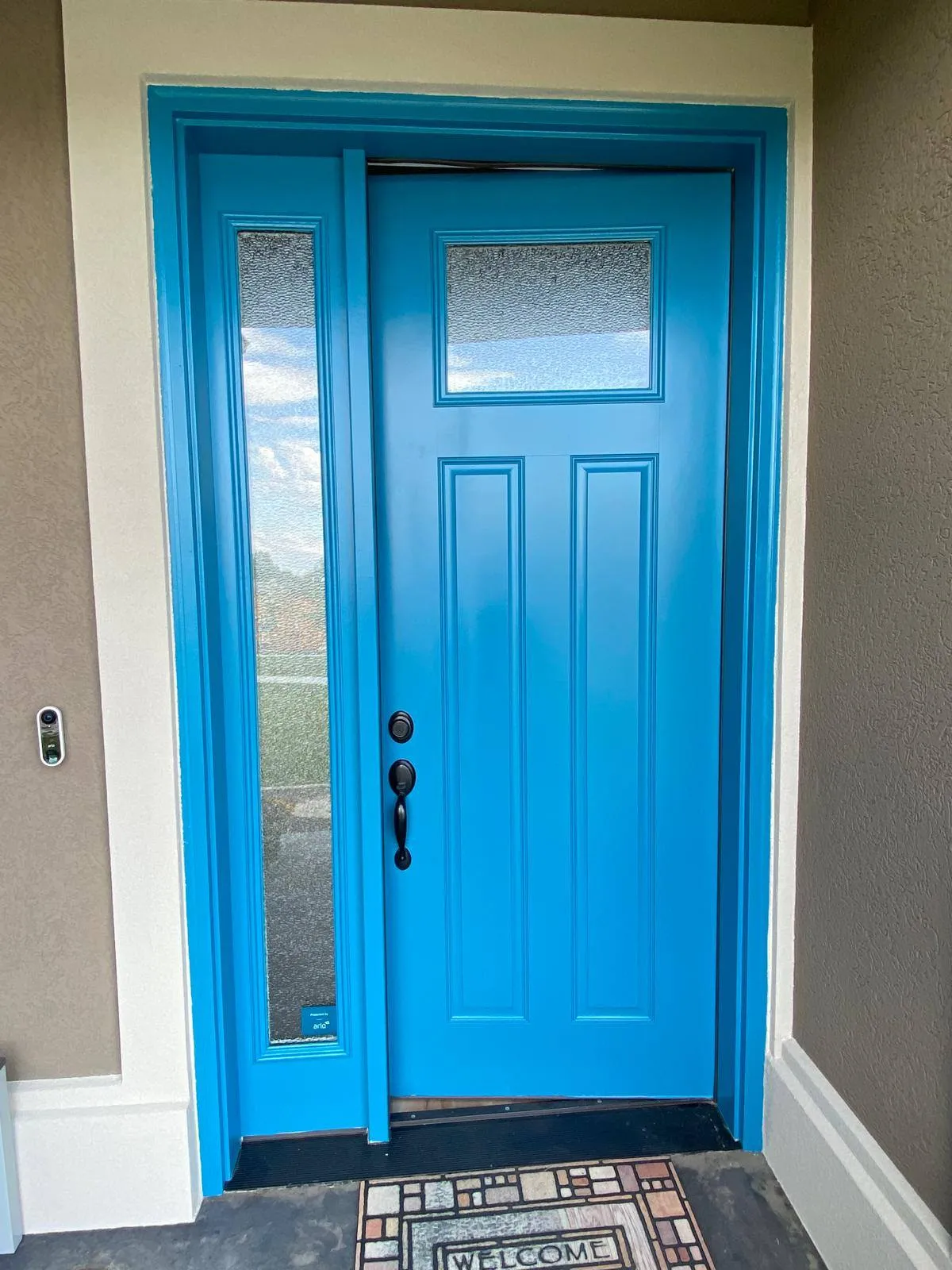Recently painted residential home with sharp color contrast between siding and trim