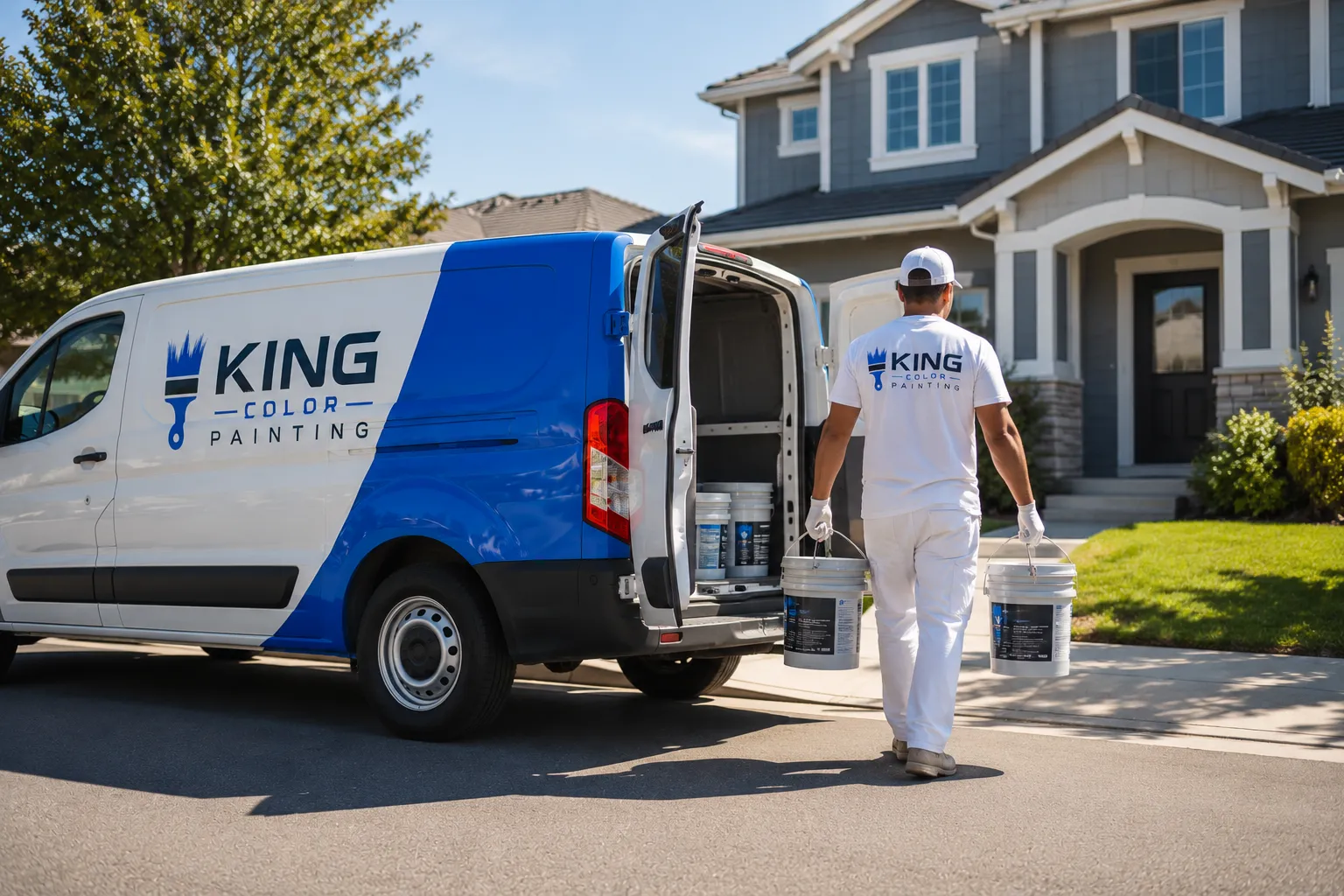 King Color Painting crew member loading paint buckets out of a branded service van in front of a customer home