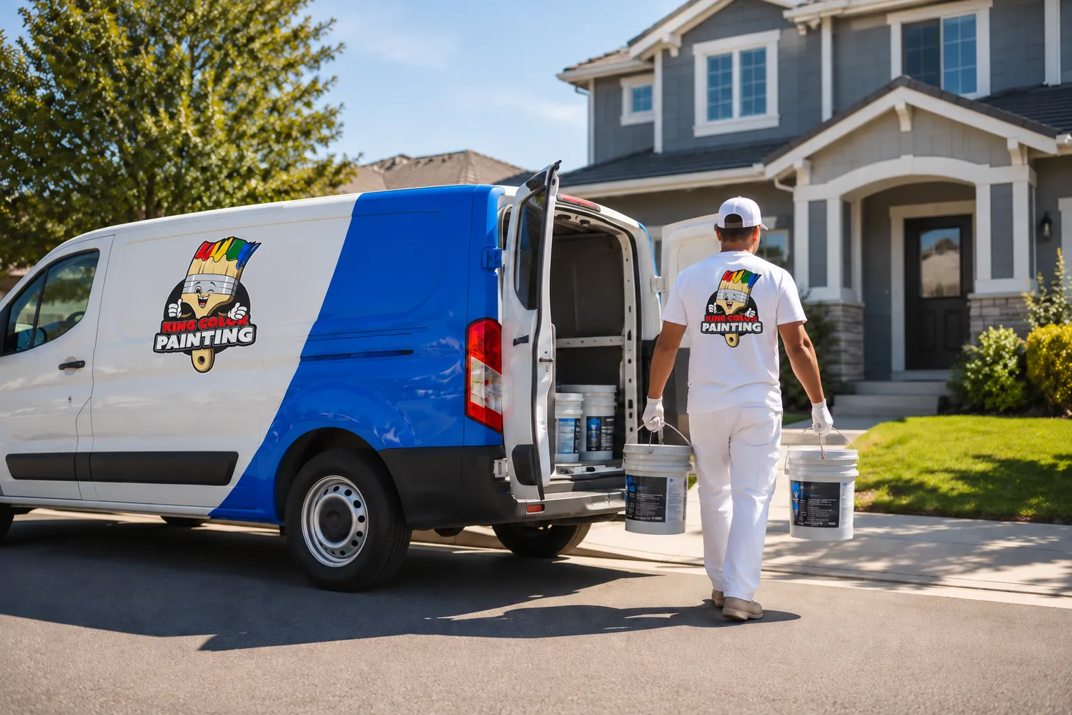 King Color Painting crew member loading paint buckets out of a branded service van in front of a customer home