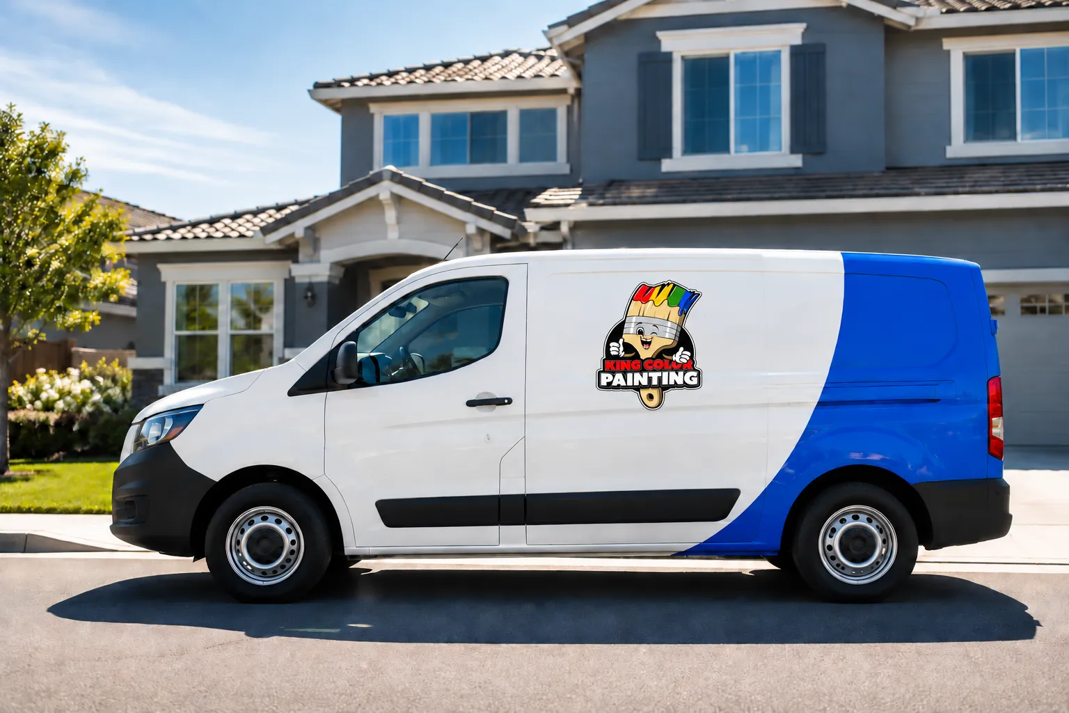 Branded blue and white King Color Painting service van parked in front of a large residential home