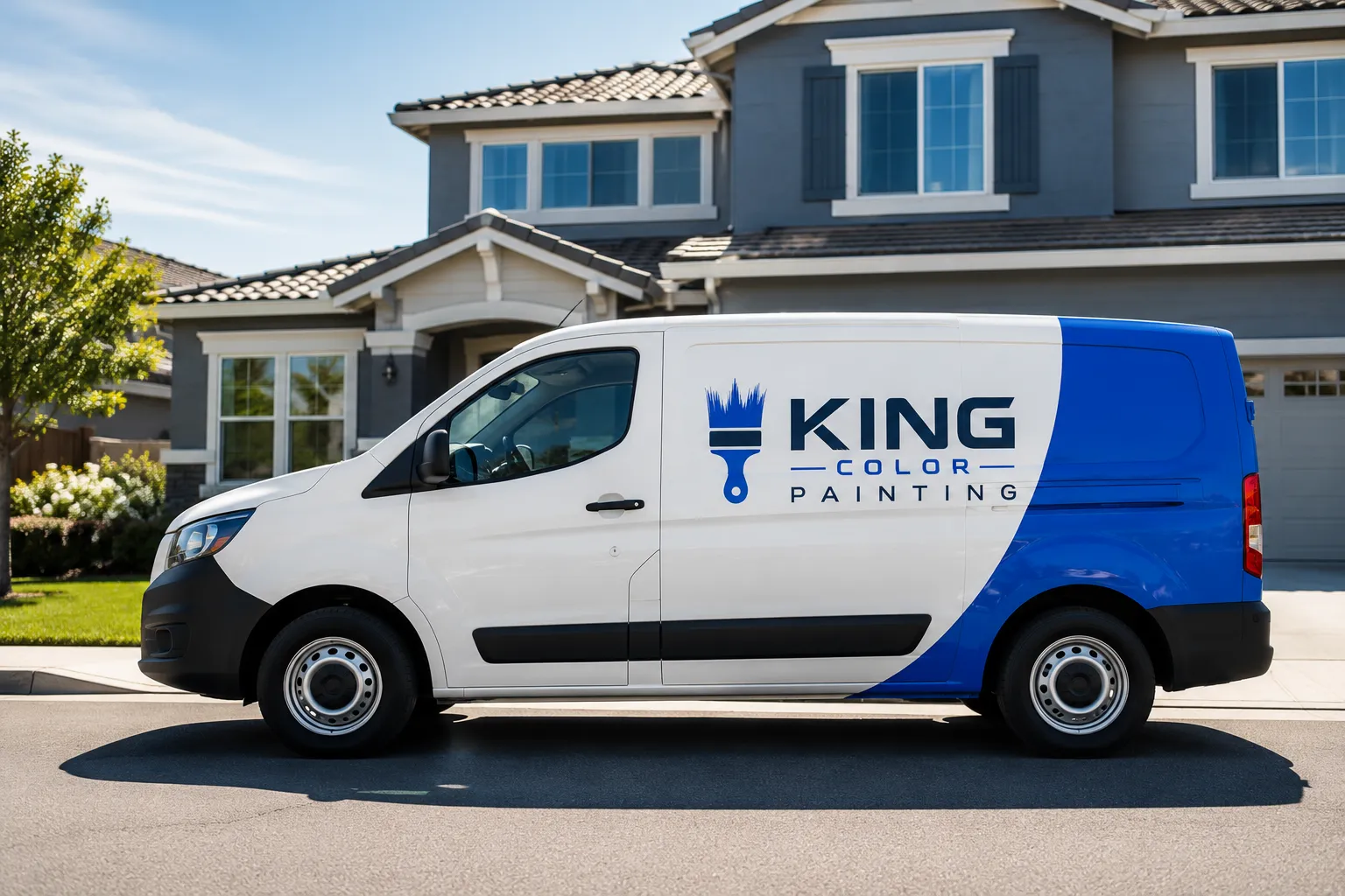 Branded blue and white King Color Painting service van parked in front of a large residential home